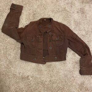 Tempted Brown Petite Croptop Button Down Jean Jacket